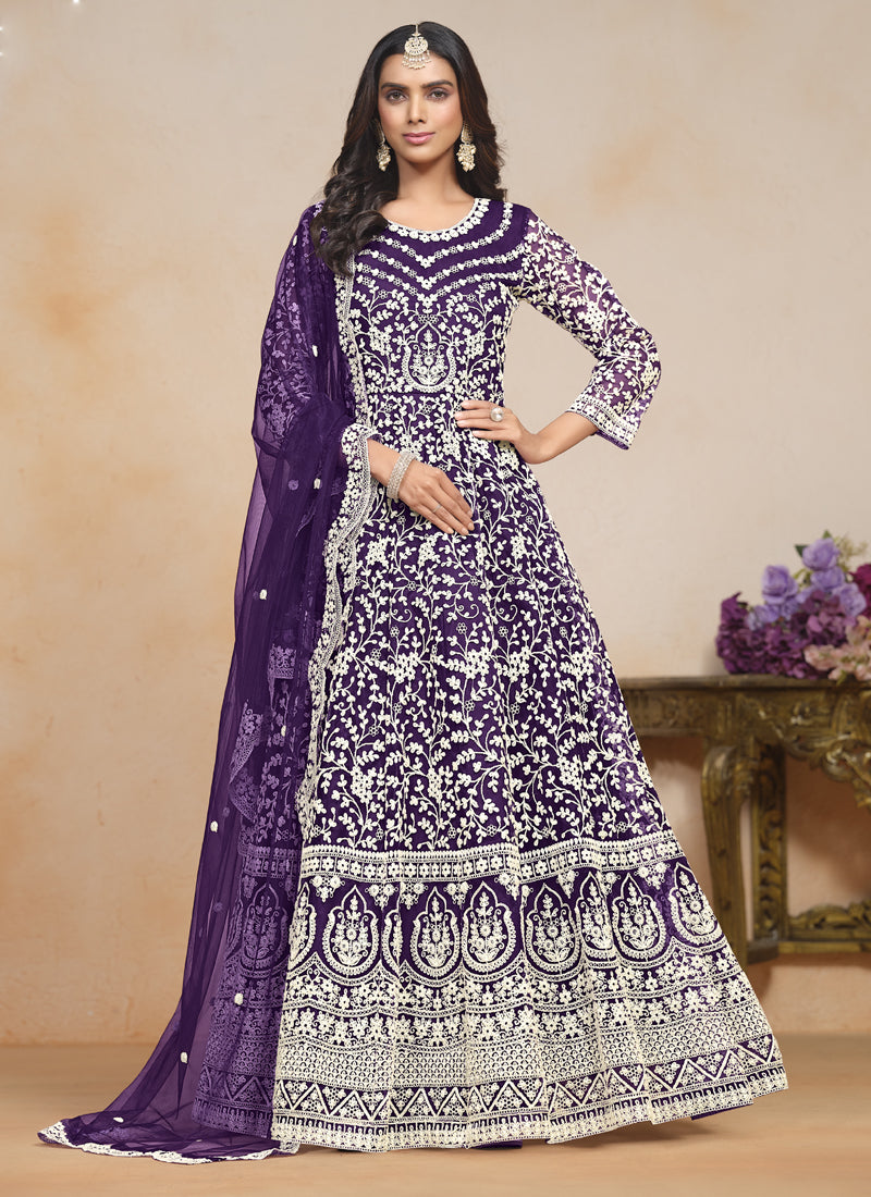 Violet Net Embroidered Designer Anarkali Suit