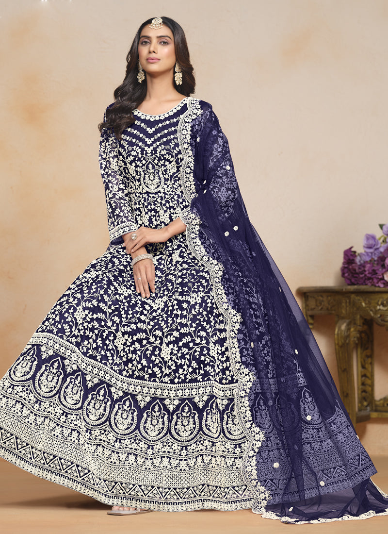 Blue Net Embroidered Designer Anarkali Suit