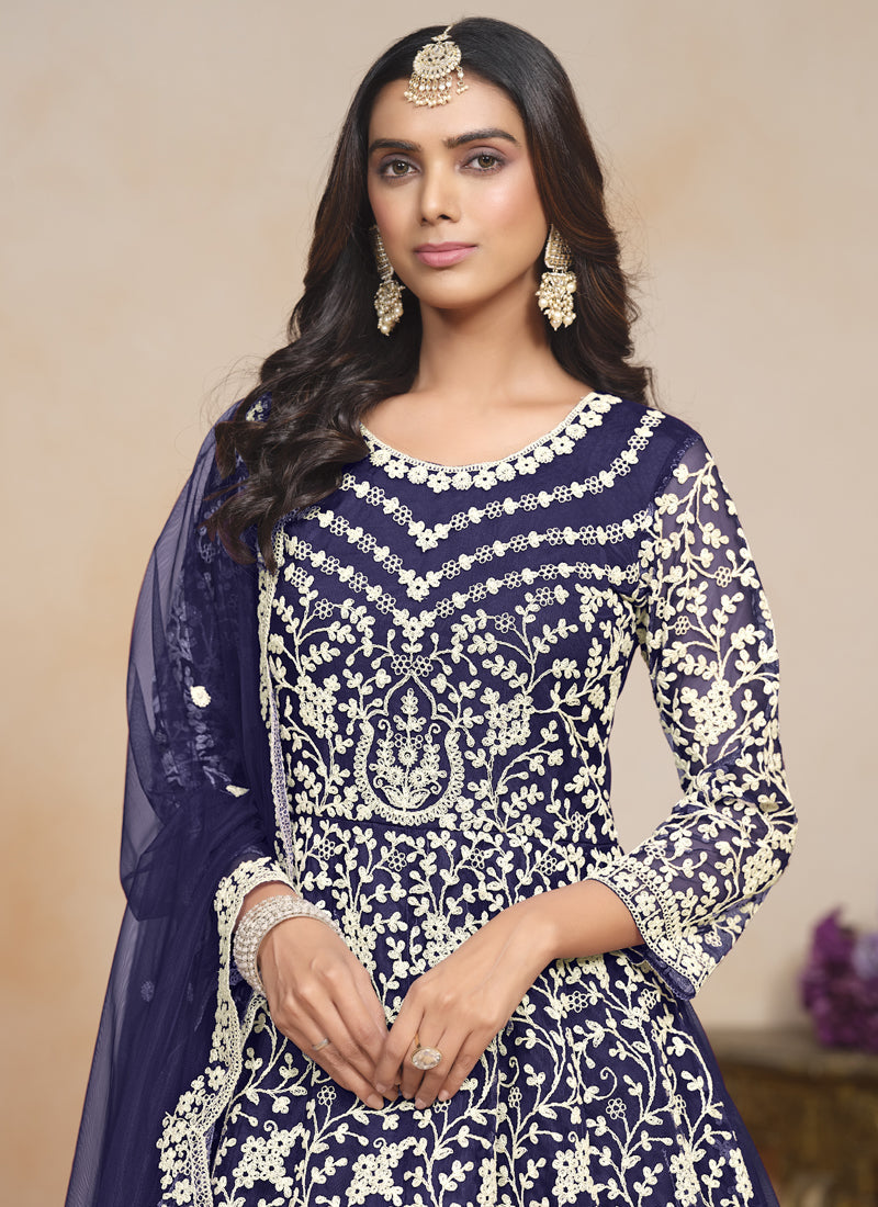 Blue Net Embroidered Designer Anarkali Suit