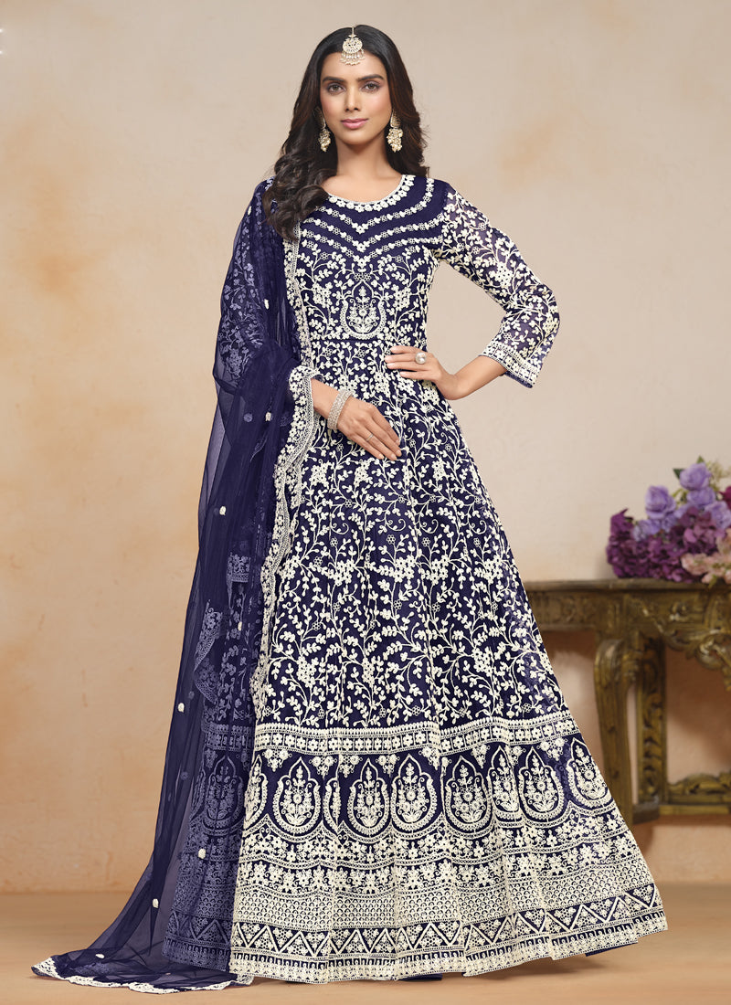 Blue Net Embroidered Designer Anarkali Suit
