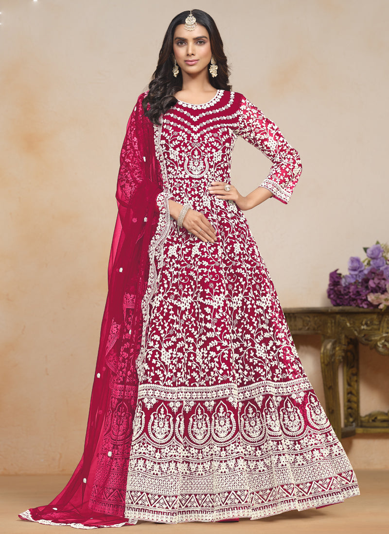 Pink Net Embroidered Designer Anarkali Suit