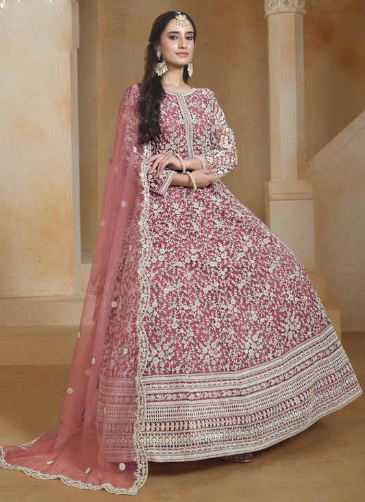 Onion Pink Net Embroidered Anarkali Suit