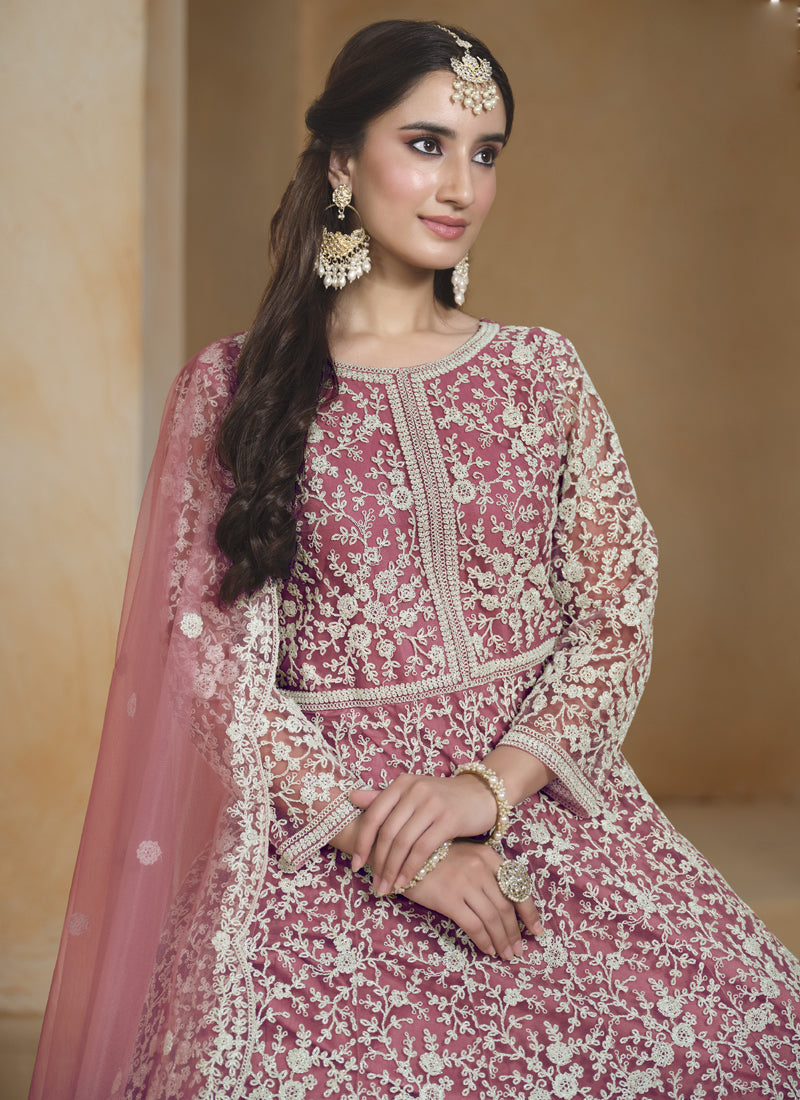 Onion Pink Net Embroidered Anarkali Suit