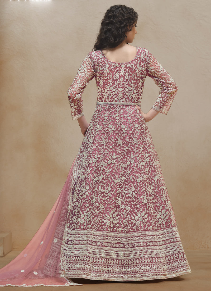 Onion Pink Net Embroidered Anarkali Suit