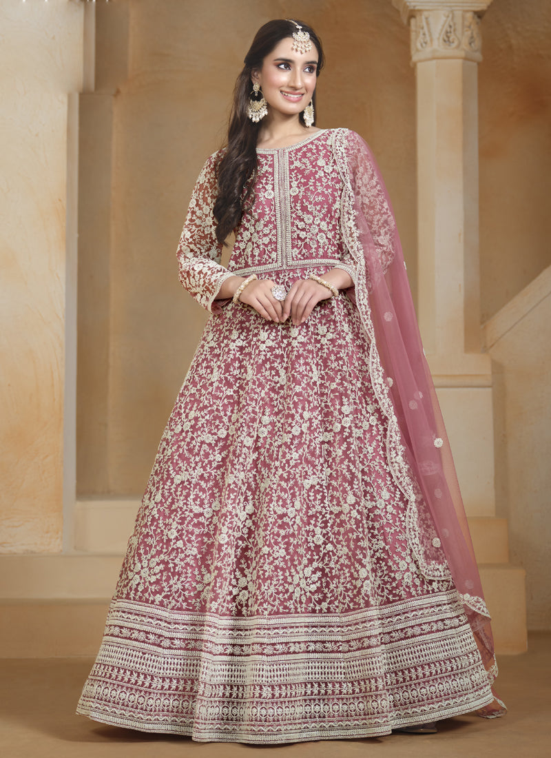 Onion Pink Net Embroidered Anarkali Suit