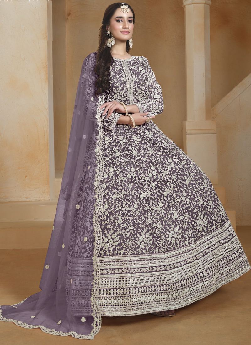 Light Purple Net Embroidered Anarkali Suit