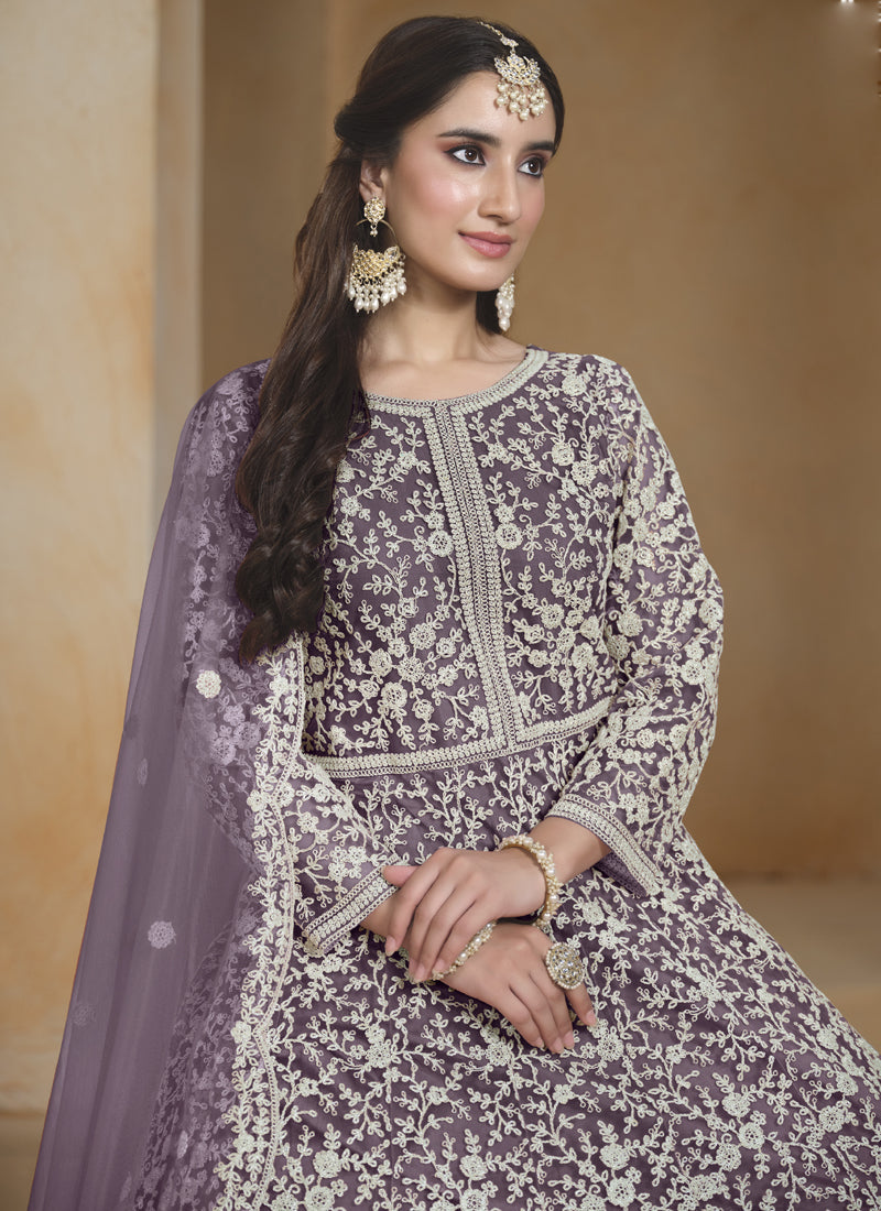 Light Purple Net Embroidered Anarkali Suit
