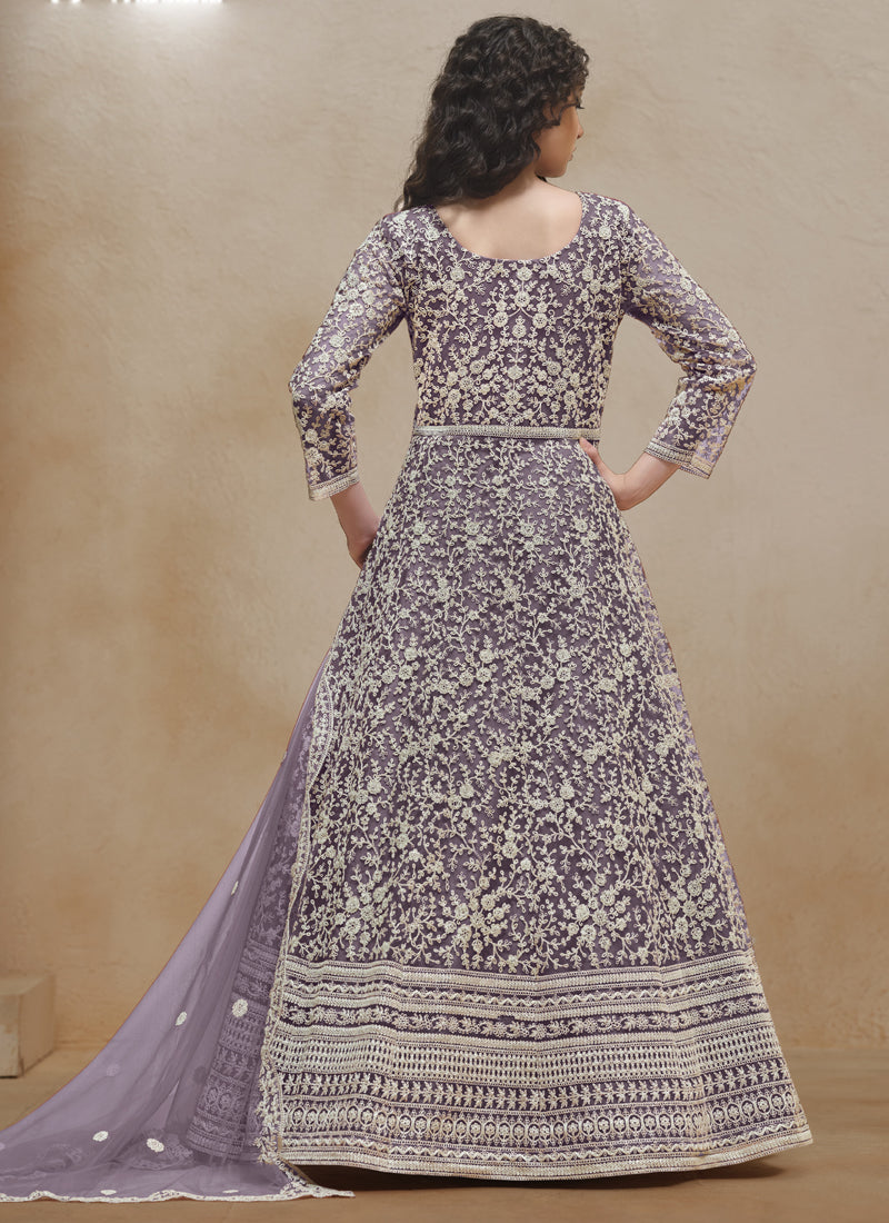 Light Purple Net Embroidered Anarkali Suit