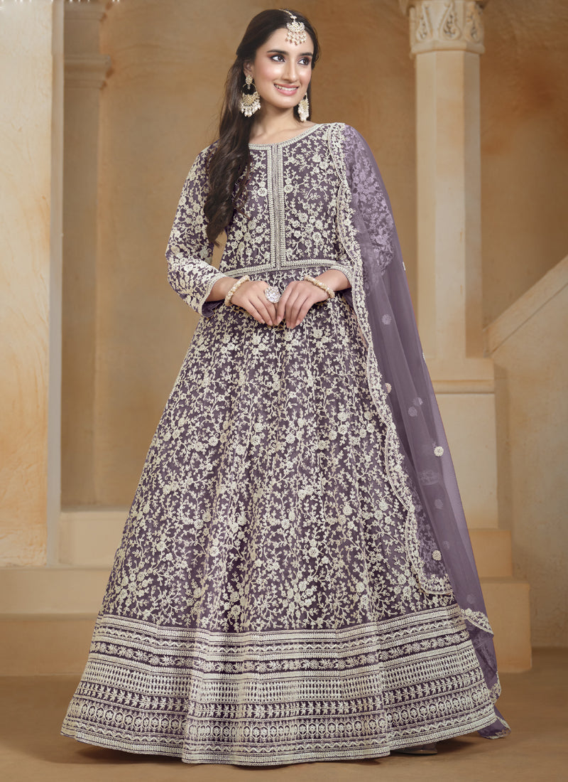 Light Purple Net Embroidered Anarkali Suit