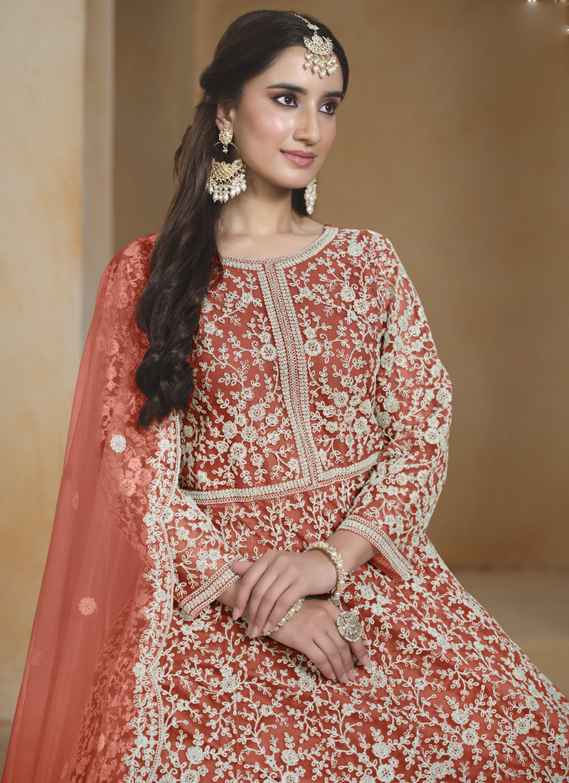 Orange Net Embroidered Anarkali Suit