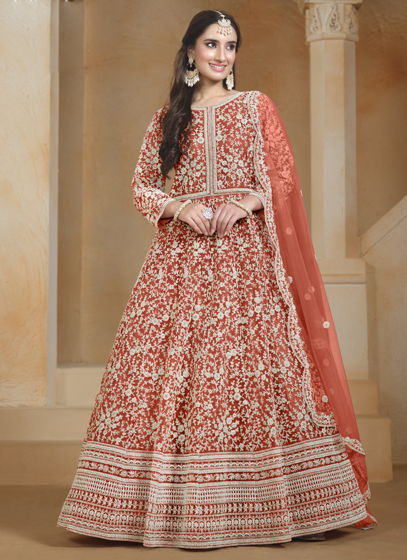Orange Net Embroidered Anarkali Suit