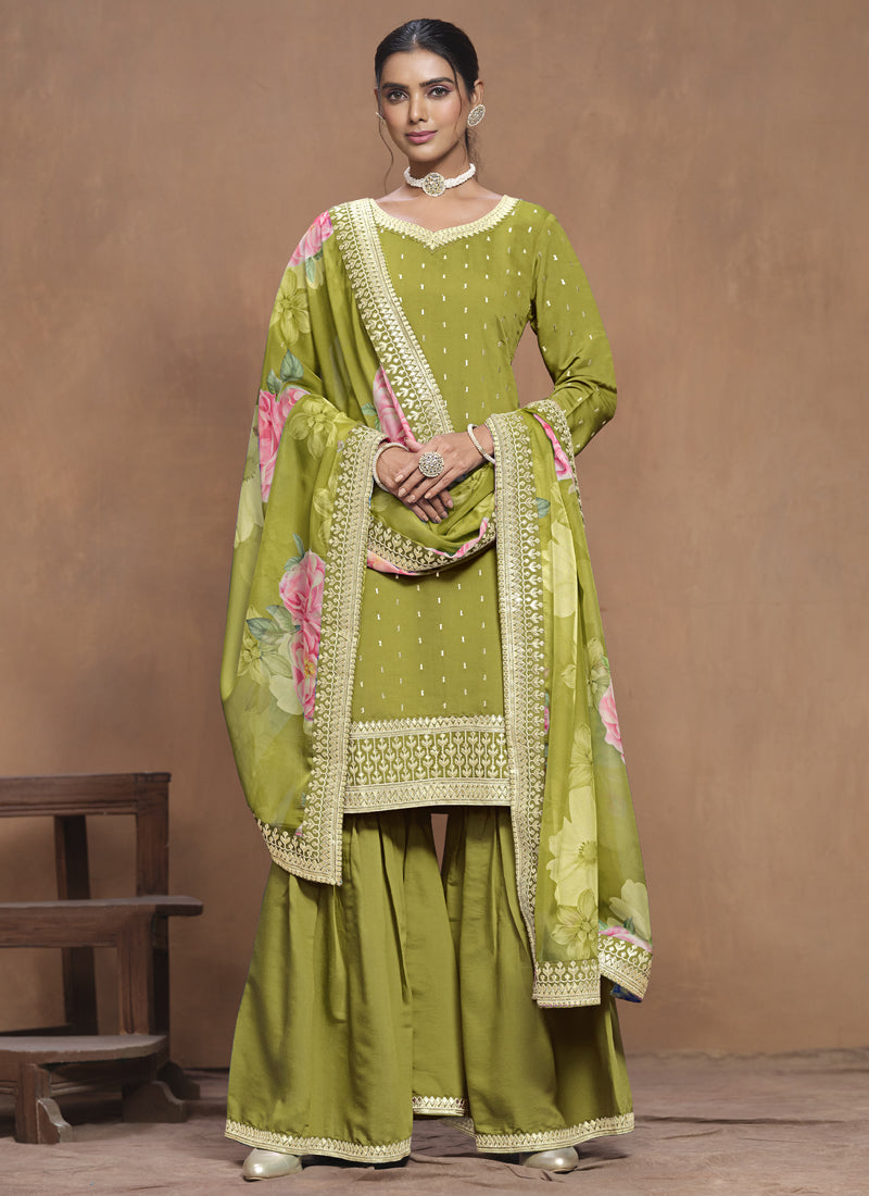 Parrot Green Roman Silk Embroidered Palazzo Suit