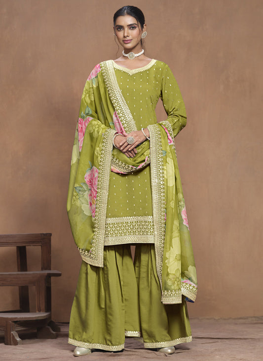 Parrot Green Roman Silk Embroidered Palazzo Suit