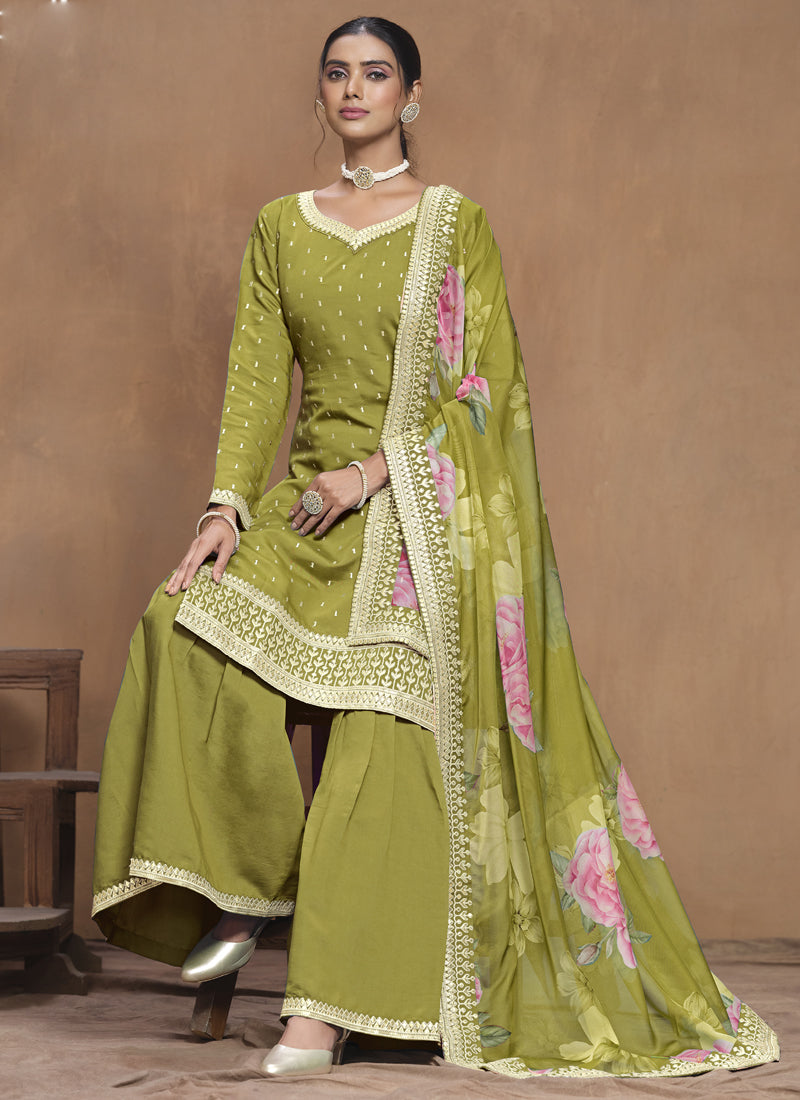 Parrot Green Roman Silk Embroidered Palazzo Suit