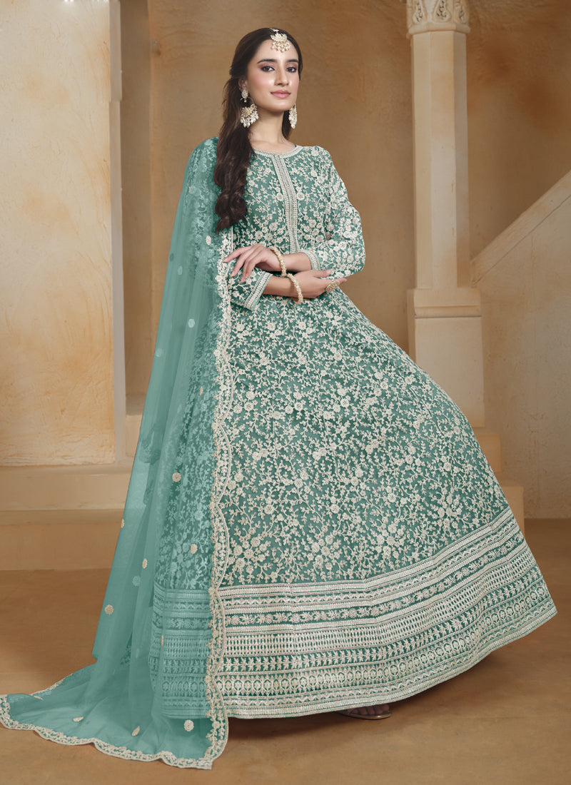 Sea Green Net Embroidered Anarkali Suit