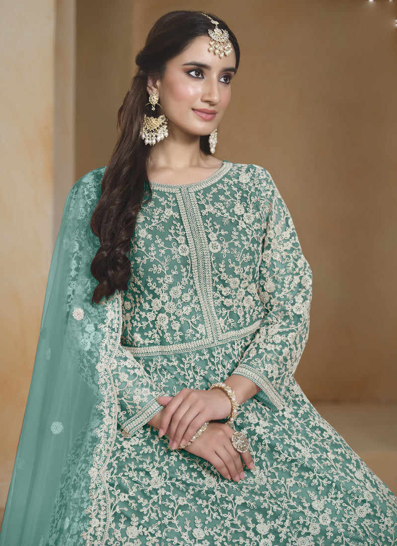 Sea Green Net Embroidered Anarkali Suit