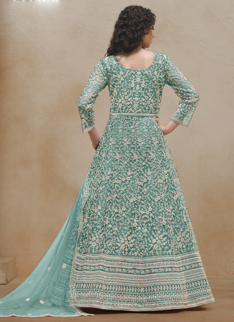 Sea Green Net Embroidered Anarkali Suit