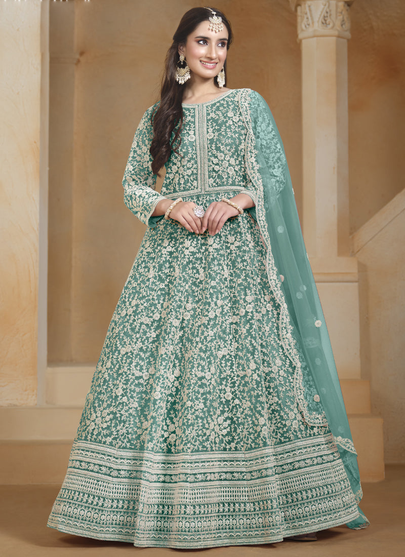 Sea Green Net Embroidered Anarkali Suit