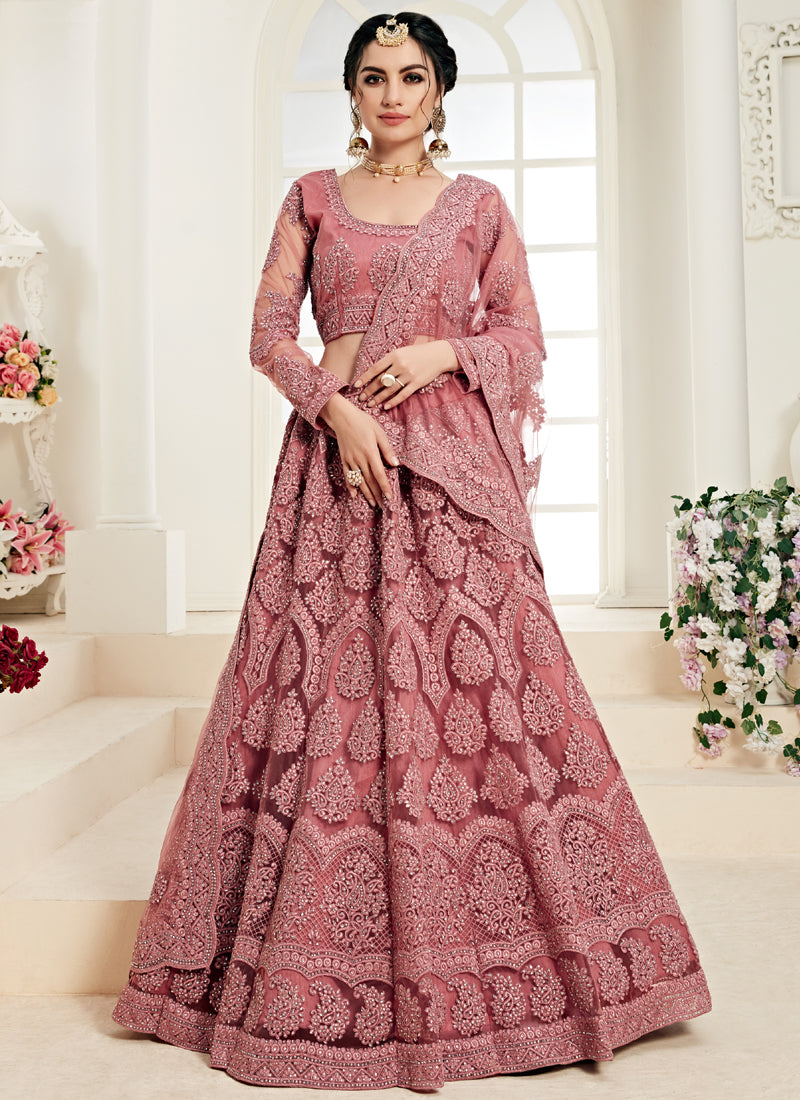 Rose Pink Butterfly Net Embroidered Wedding Wear Lehenga