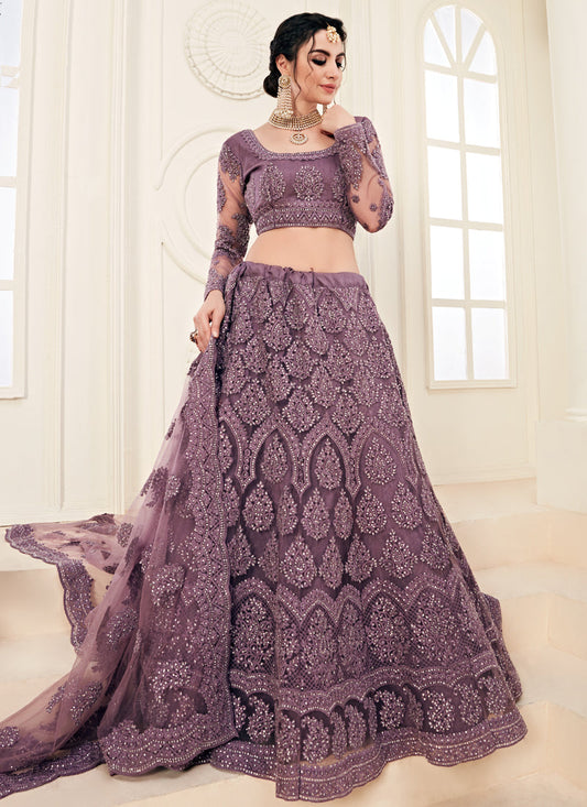 Lavender Heavy Butterfly Net Embroidered Wedding Wear Lehenga