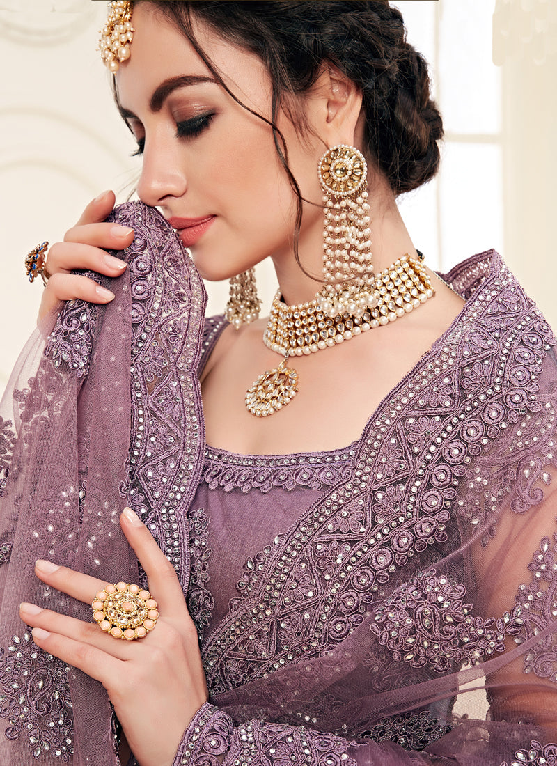Lavender Heavy Butterfly Net Embroidered Wedding Wear Lehenga