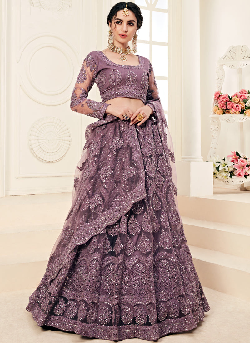 Lavender Heavy Butterfly Net Embroidered Wedding Wear Lehenga