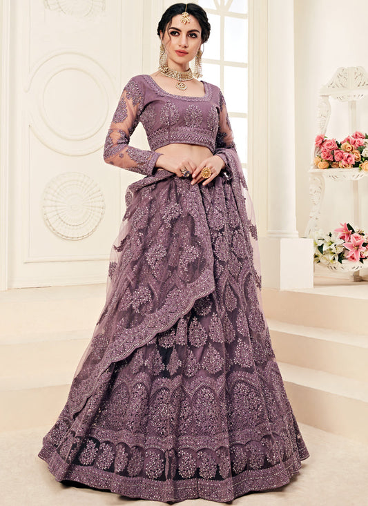 Lavender Heavy Butterfly Net Embroidered Wedding Wear Lehenga