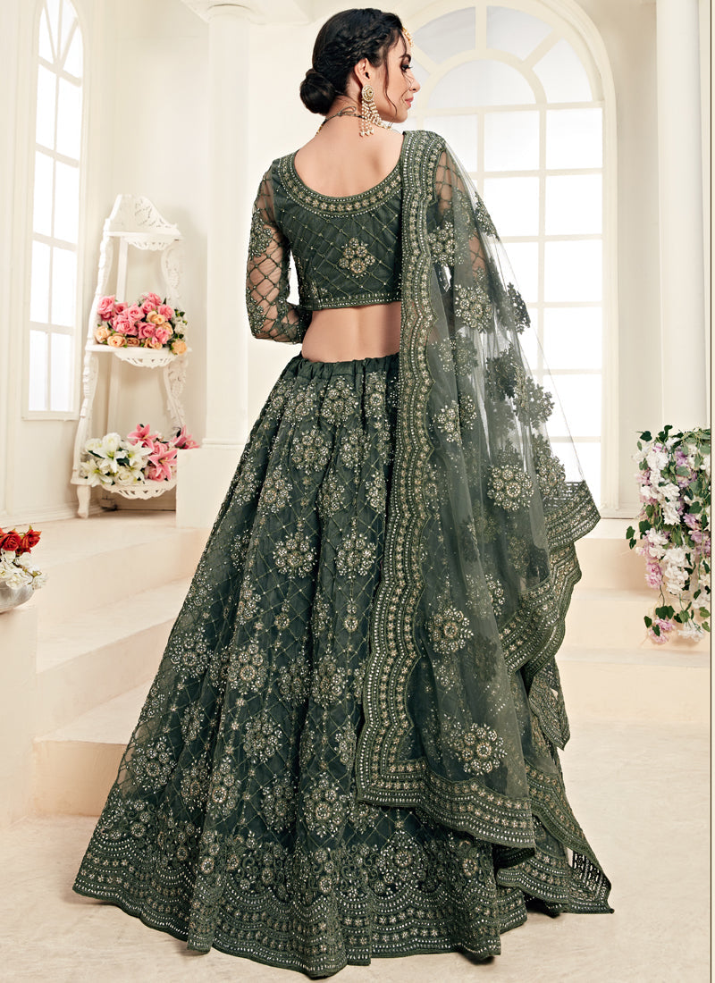 Mehendi Green Heavy Butterfly Net Embroidered Wedding Wear Lehenga