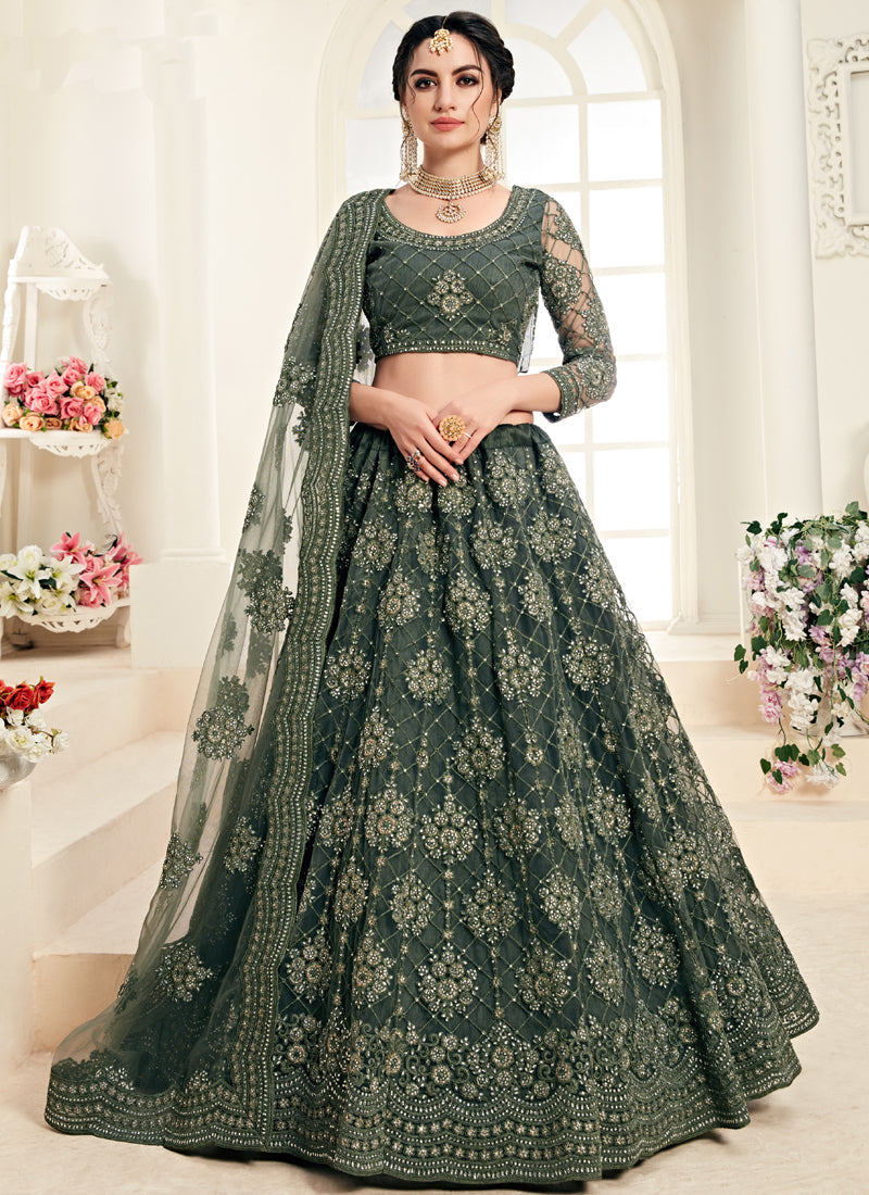 Mehendi Green Heavy Butterfly Net Embroidered Wedding Wear Lehenga