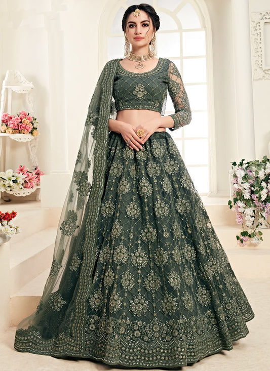 Mehendi Green Heavy Butterfly Net Embroidered Wedding Wear Lehenga