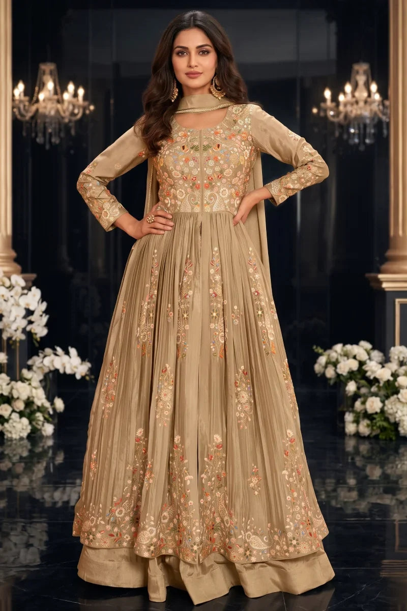 Beige Chinon Front & Back Work Anarkali Skirt Set