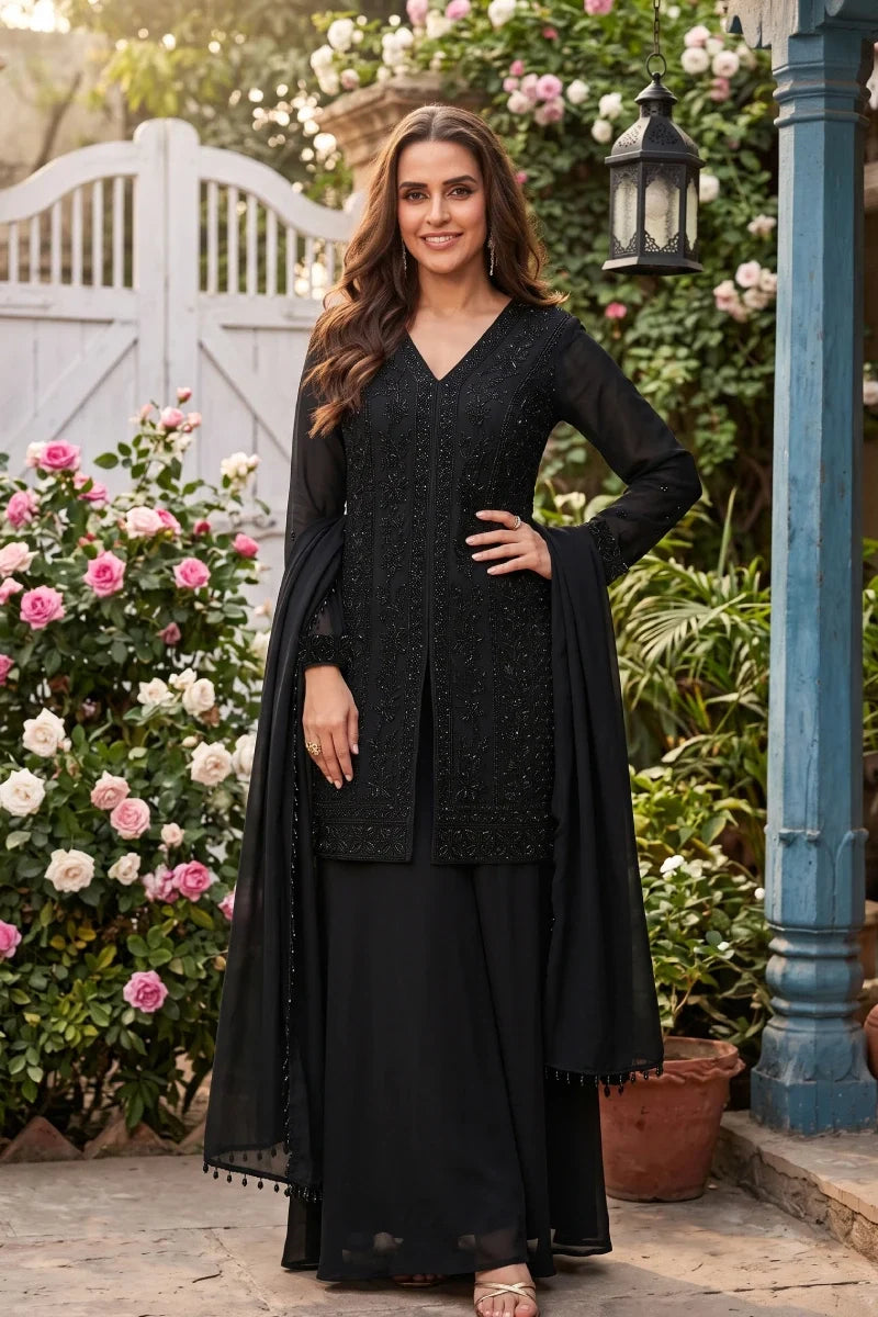 Black Chinon Beads Jacket Style Palazzo Suit