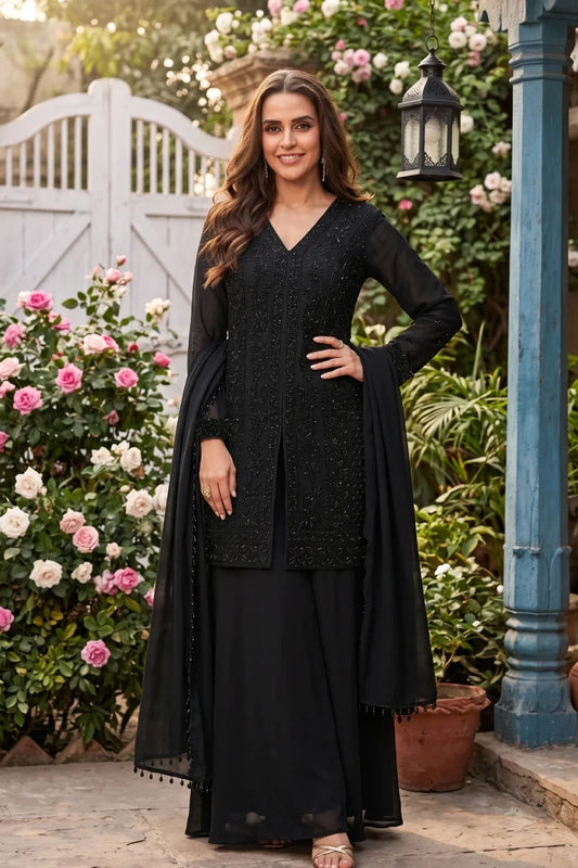 Black Chinon Beads Jacket Style Palazzo Suit