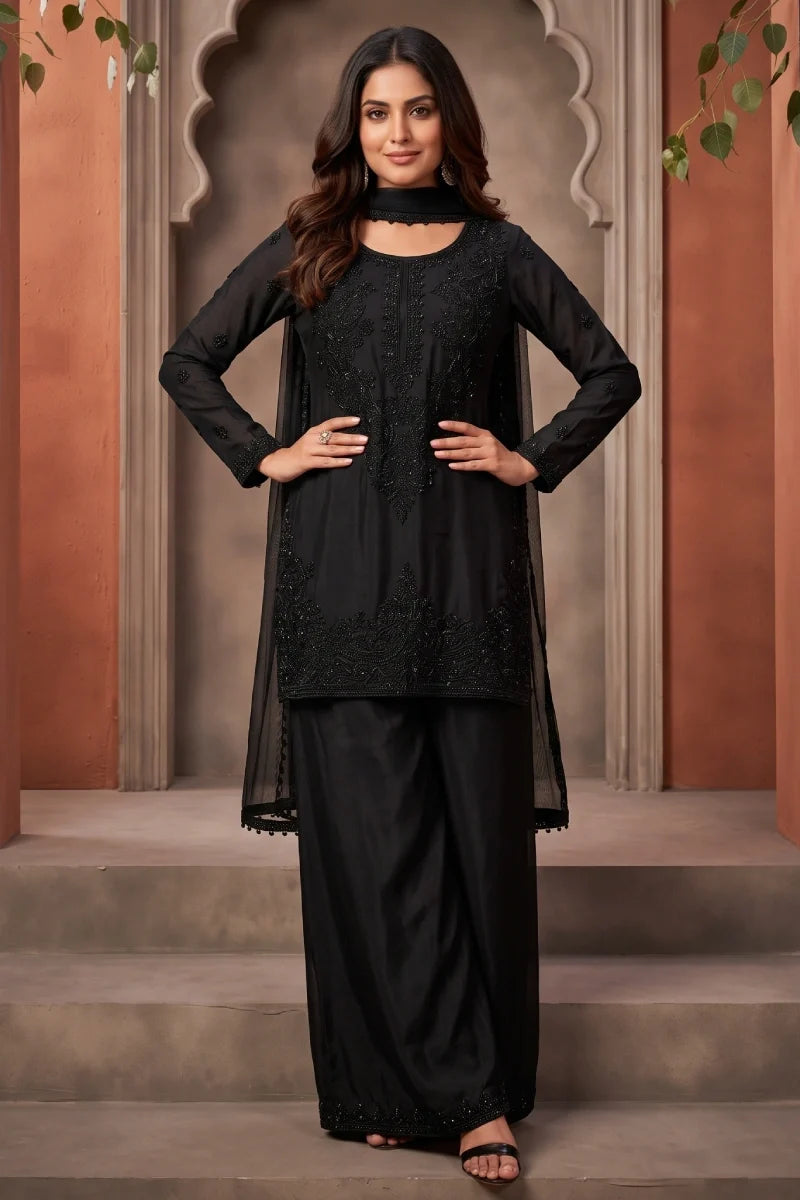 Black Premium Chinon Beads Palazzo Suit