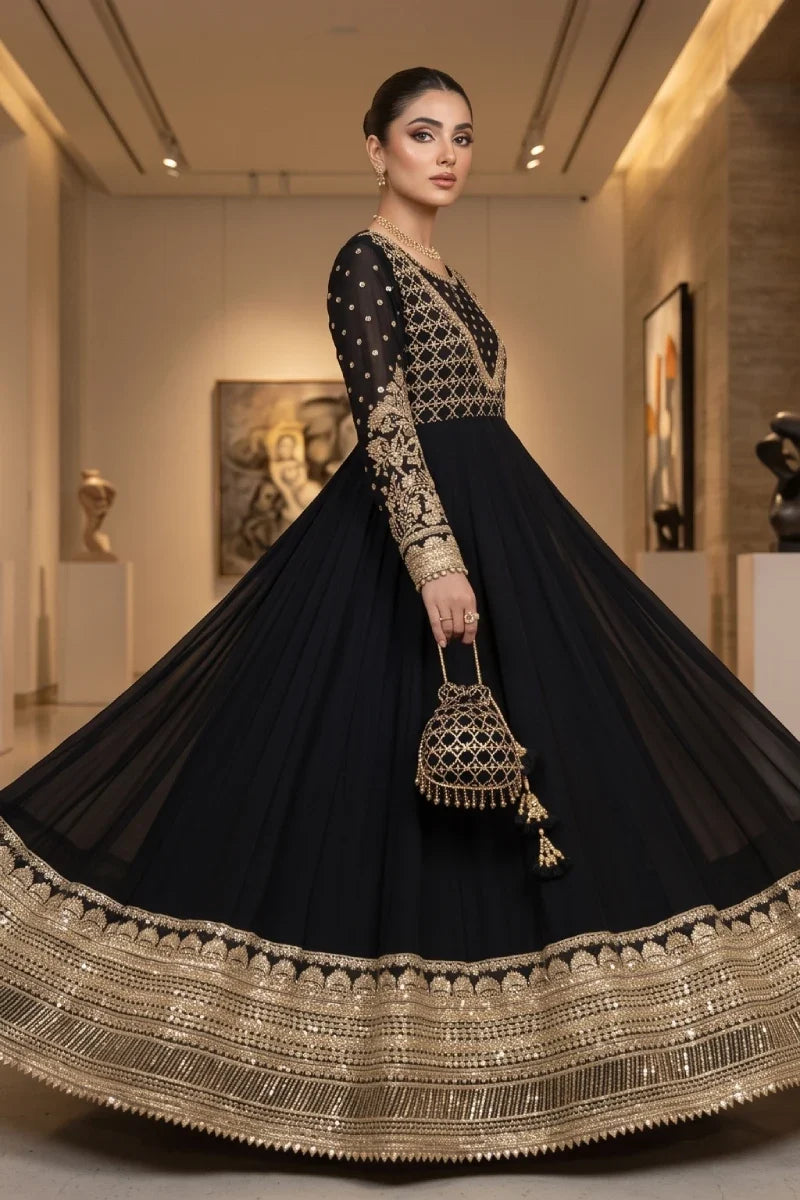 Black Embroidered Georgette Anarkali Suit with Dupatta