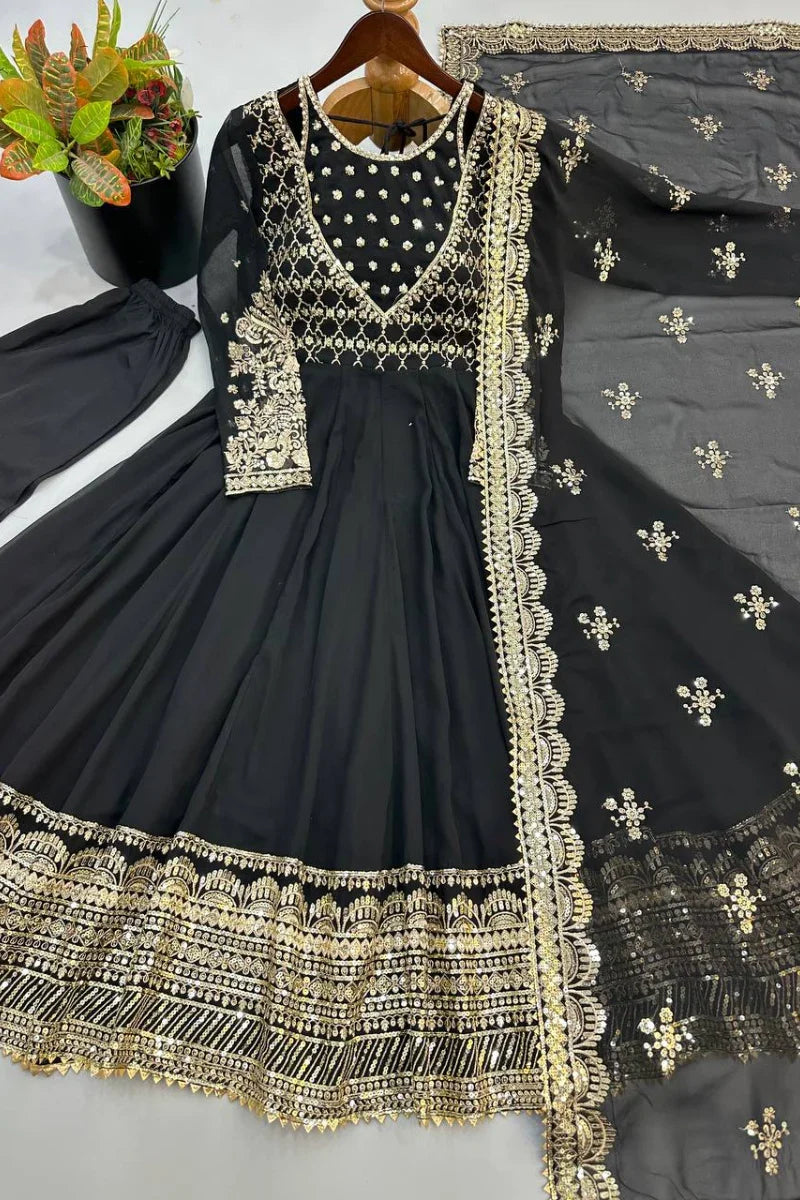 Black Embroidered Georgette Anarkali Suit with Dupatta