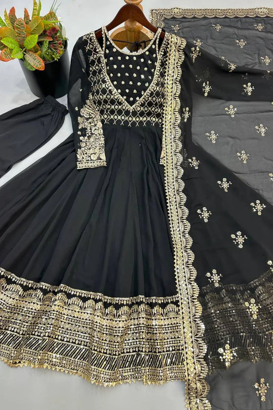 Black Embroidered Georgette Anarkali Suit with Dupatta