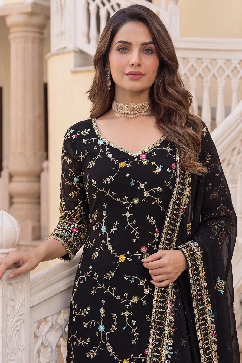 Black Georgette Heavy Embroidered Sharara Suit