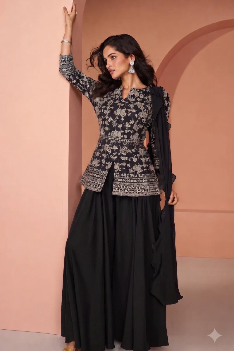 Black Jacquard Palazzo Suit with Dupatta