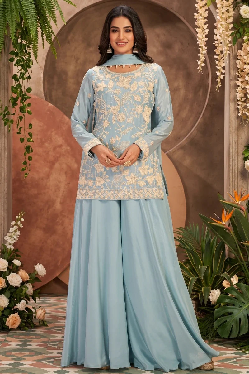Sky Blue Chinon Embroidered Palazzo Suit with Beads Work