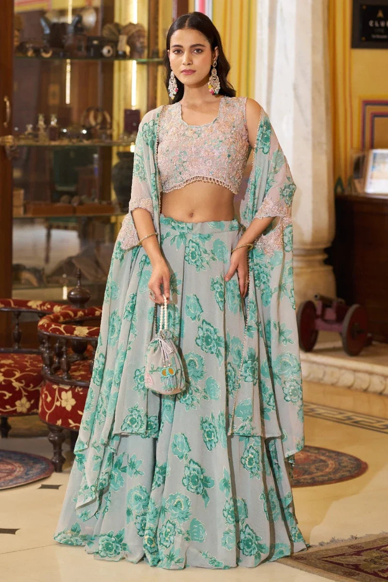 Blue Floral Georgette Embroidered Legenga Choli with Cape