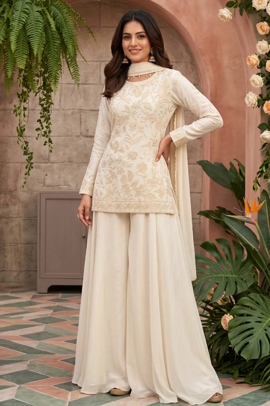 Off White Chinon Embroidered Palazzo Suit with Beads Work