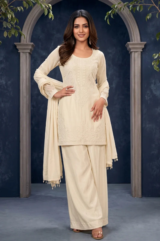 Off White Premium Chinon Beads Palazzo Suit