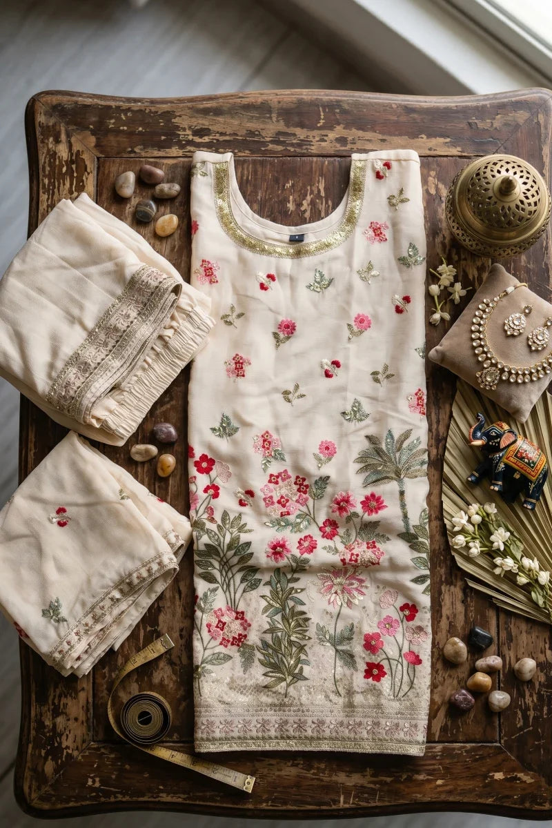Cream Chinon Thread Embroidered Palazzo Suit