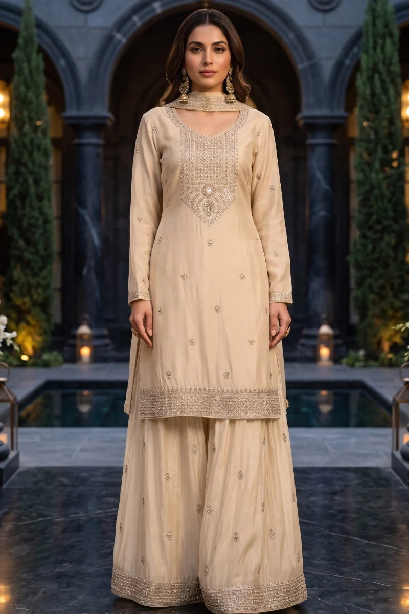 Cream Chinon Hand Work Beads Palazzo Suit