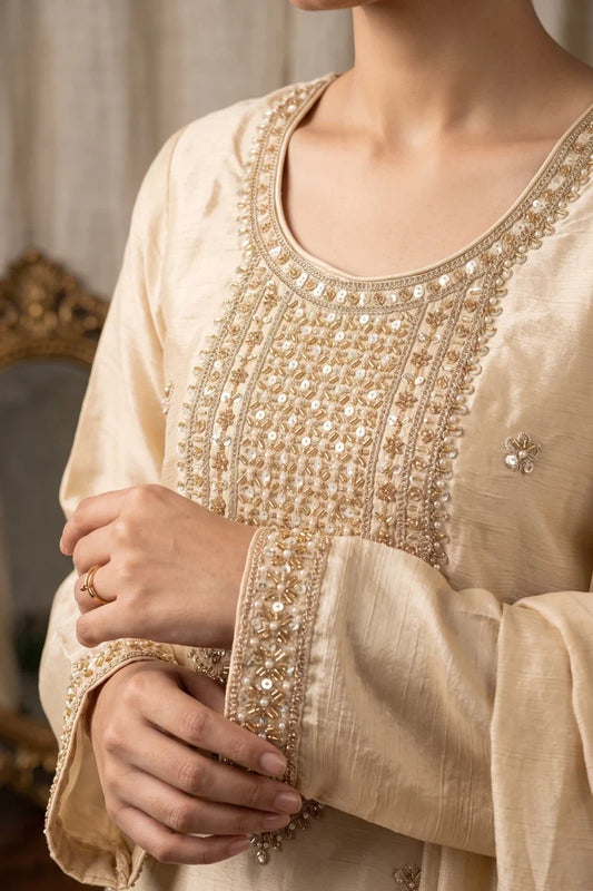 Cream Chinon Hand Work Beads Palazzo Suit