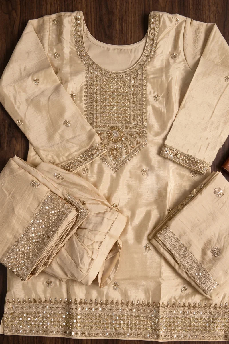 Cream Chinon Hand Work Beads Palazzo Suit