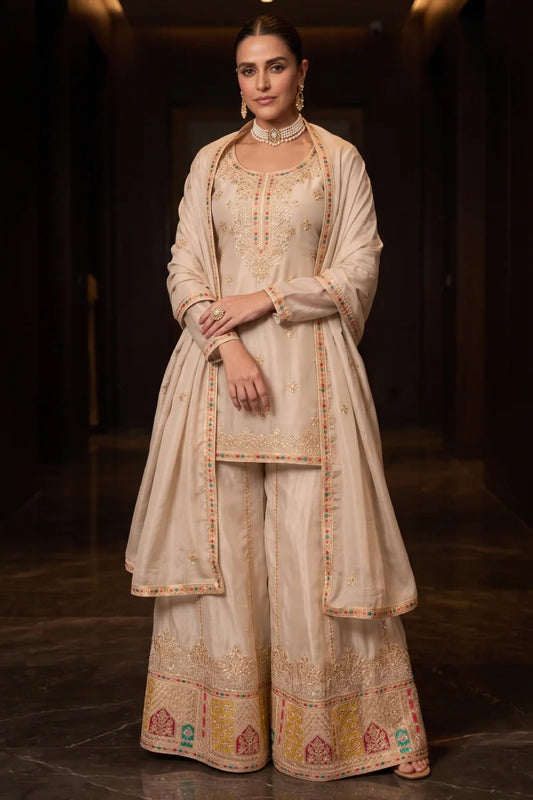 Cream Premium Chinon Embroidered Palazzo Suit