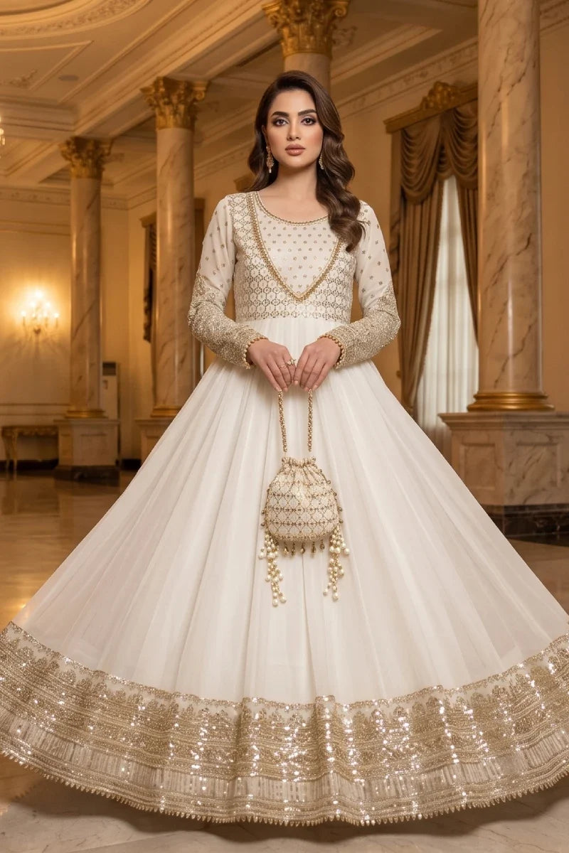 Cream Embroidered Georgette Anarkali Suit with Dupatta