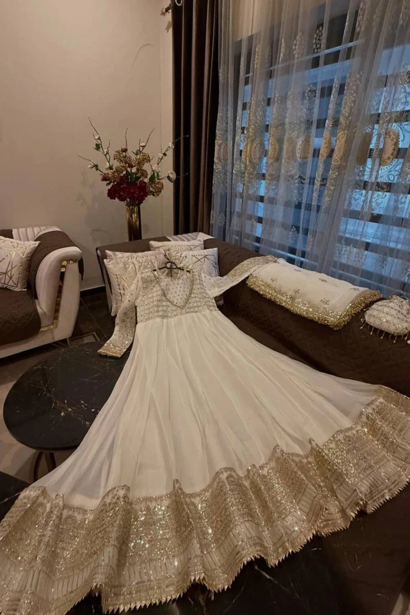 Cream Embroidered Georgette Anarkali Suit with Dupatta